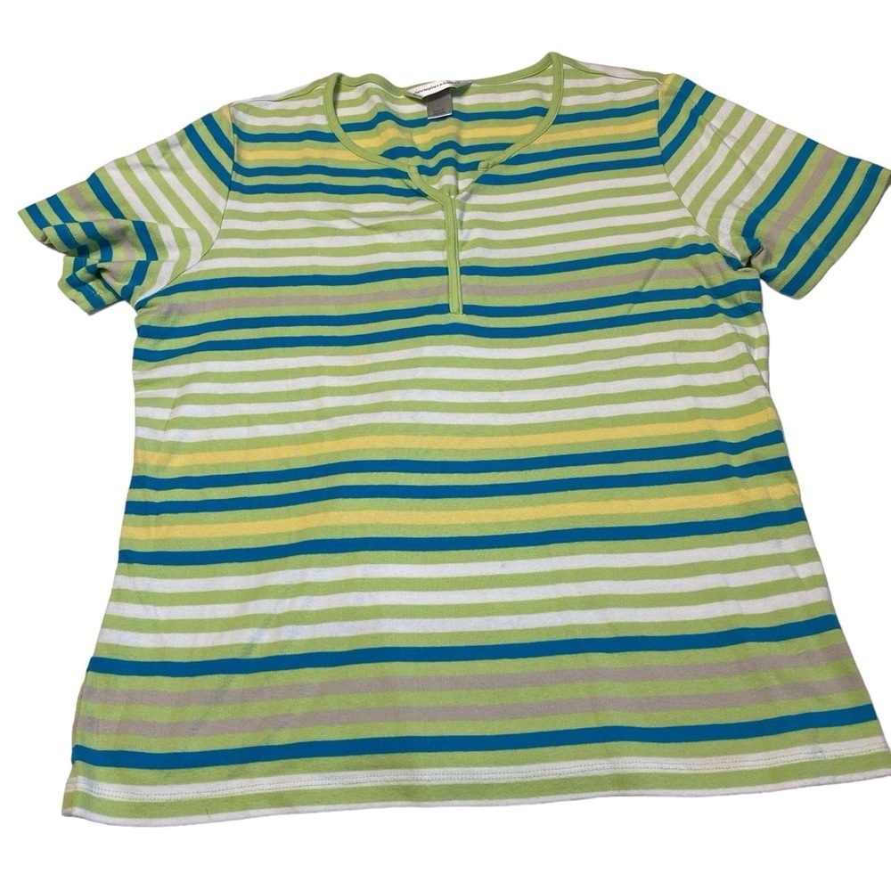 Christopher & Banks 100% cotton green striped short sleeve v-neck